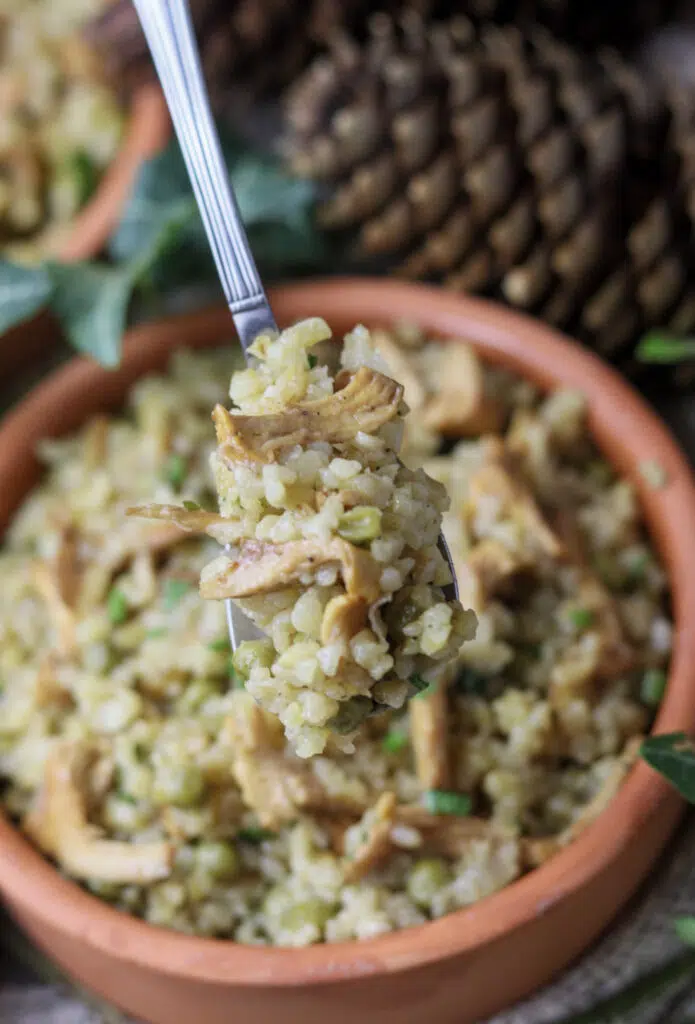 Image showing a spoon full of bulgur risotto with chanterelle mushrooms, just served after cooking. 